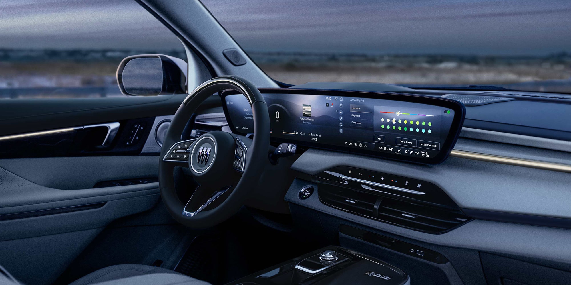 Three-Quarters View of the Steering Wheel and Dashboard from the Front Passenger Seat of a 2026 Buick Enclave Mid-Size SUV