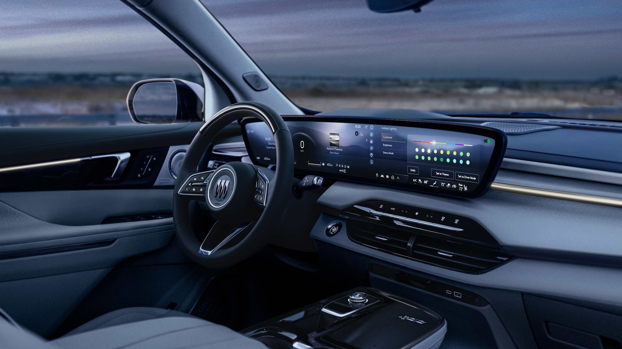 Three-Quarters View of the Steering Wheel and Dashboard from the Front Passenger Seat of a 2026 Buick Enclave Mid-Size SUV