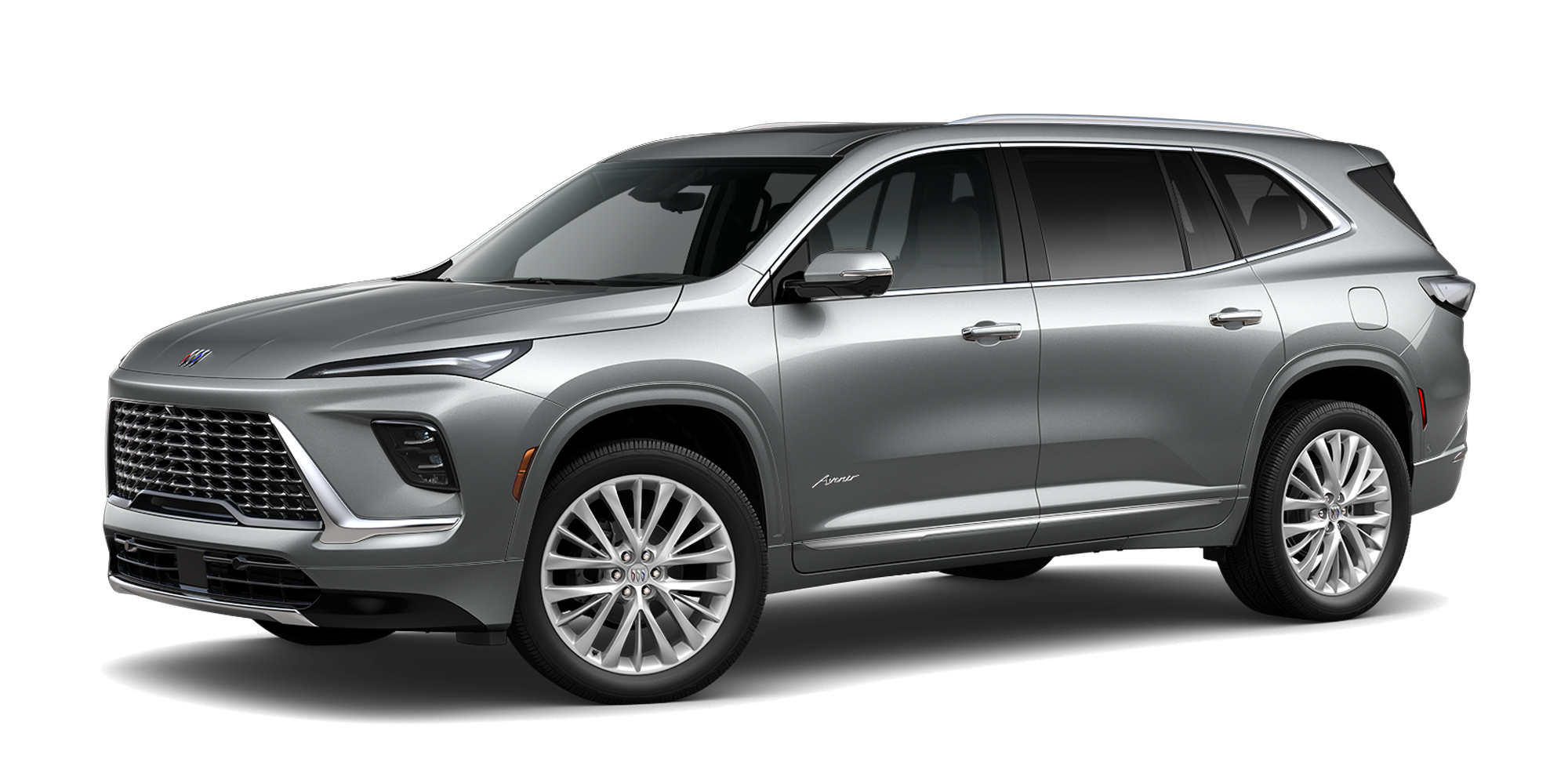 Front Three-Quarters View of a Moonstone Gray Metallic 2026 Buick Enclave Anenir Luxury Mid-Size SUV