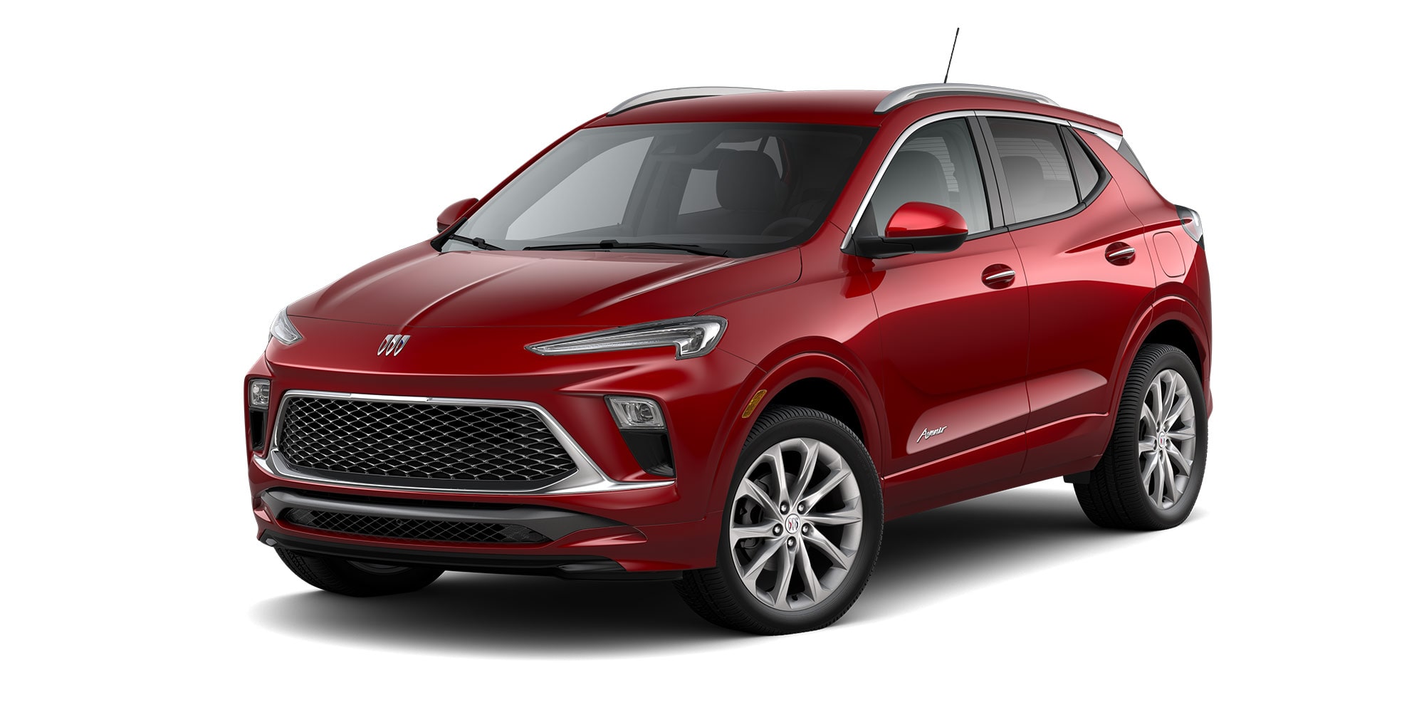 Front Three-Quarters View of the 2026 Buick Encore GX Avenir Luxury SUV in the Color Brilliant Red