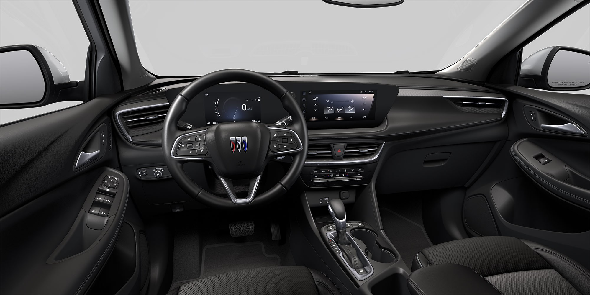 View of the 2026 Buick Encore GX Avenir Luxury SUV Dark Interior Dashboard, Steering Wheel, and Infotainment Screen