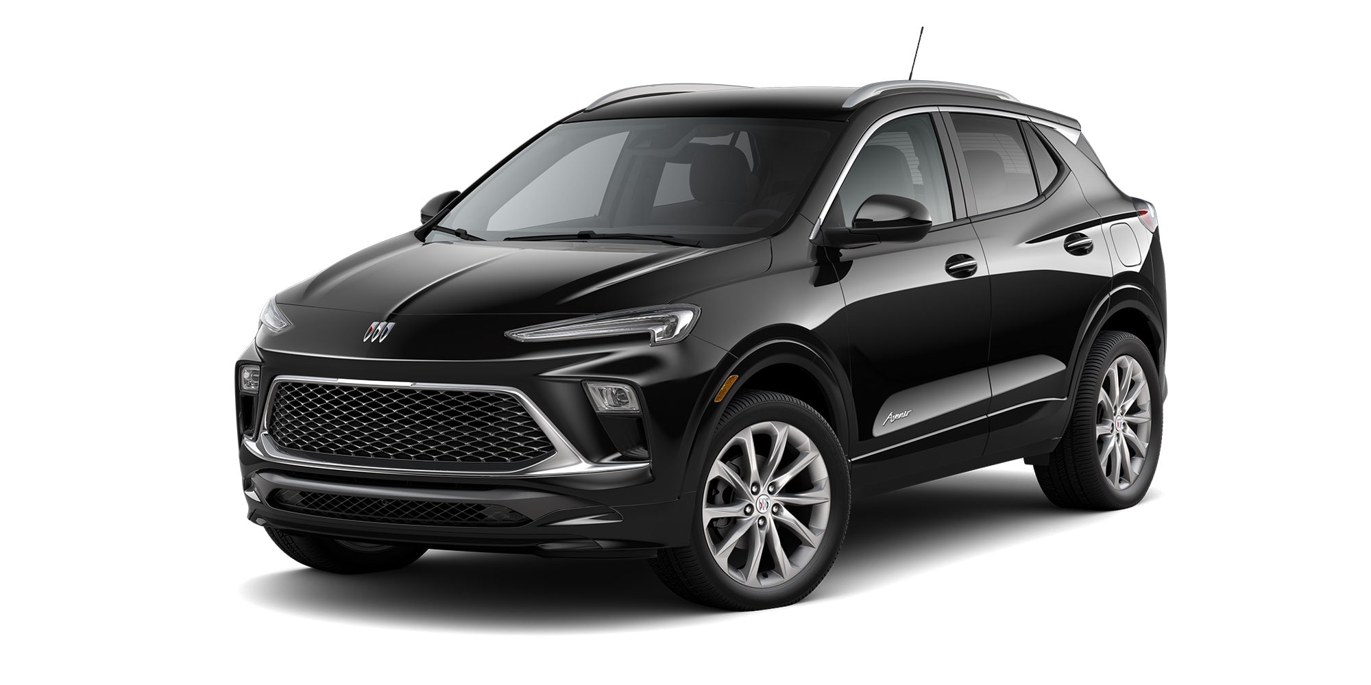 Front Three-Quarters View of the 2026 Buick Encore GX Avenir Luxury SUV in the Color Ebony Twilight Metallic