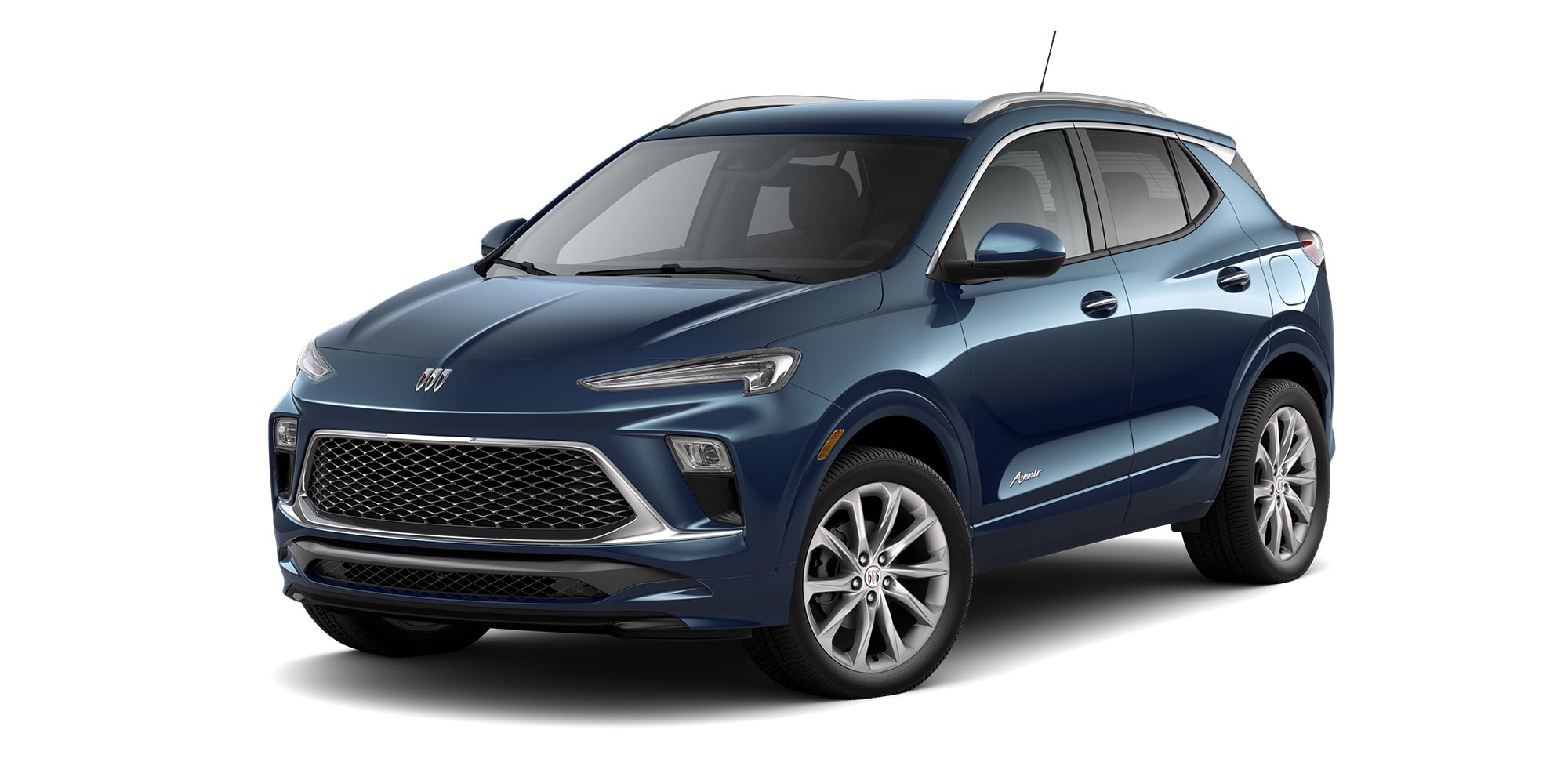Front Three-Quarters View of the 2026 Buick Encore GX Avenir Luxury SUV in the Color Ocean Blue Metallic