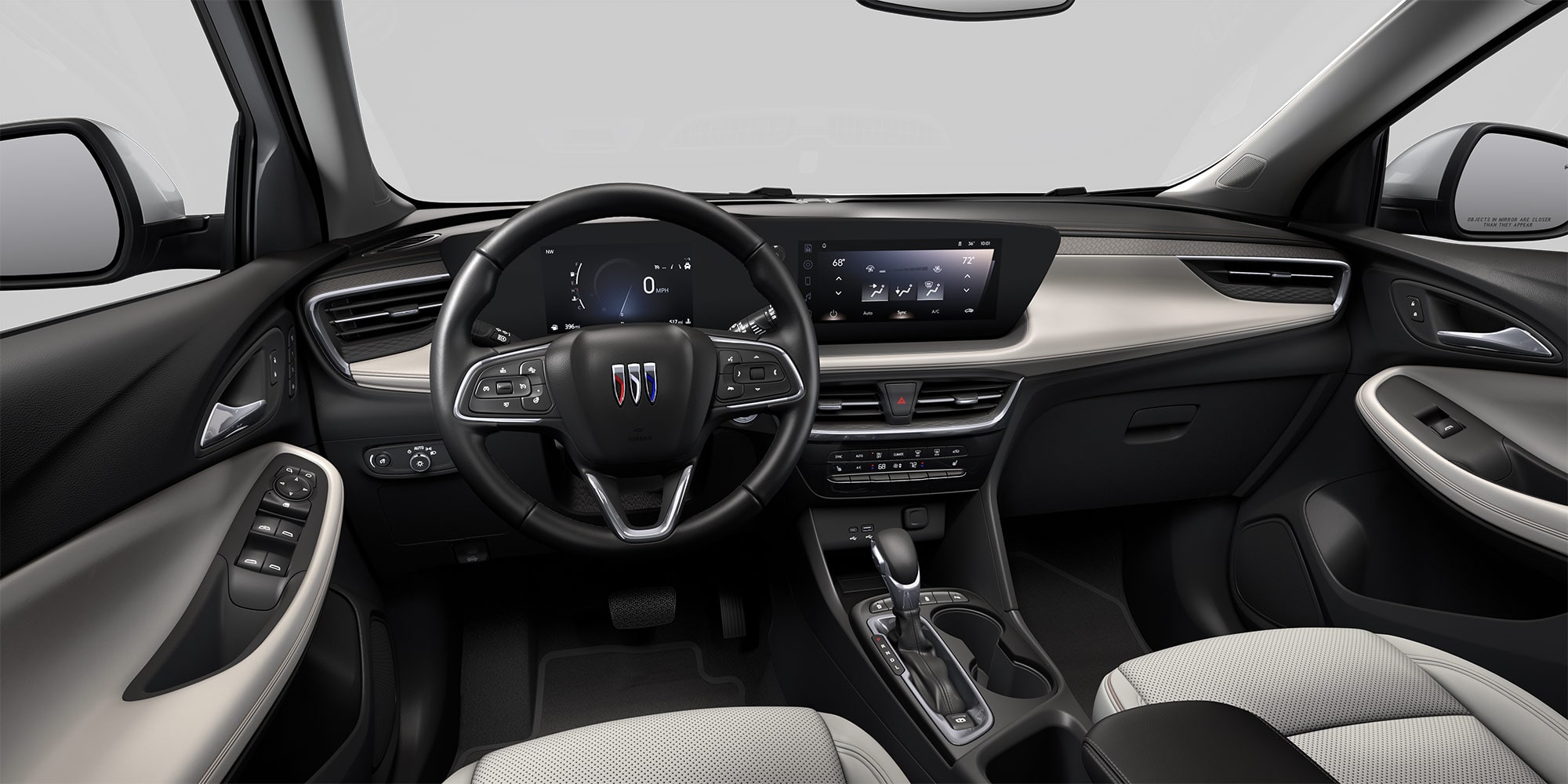 View of the 2026 Buick Encore GX Avenir Luxury SUV Light Interior Dashboard, Steering Wheel, and Infotainment Screen