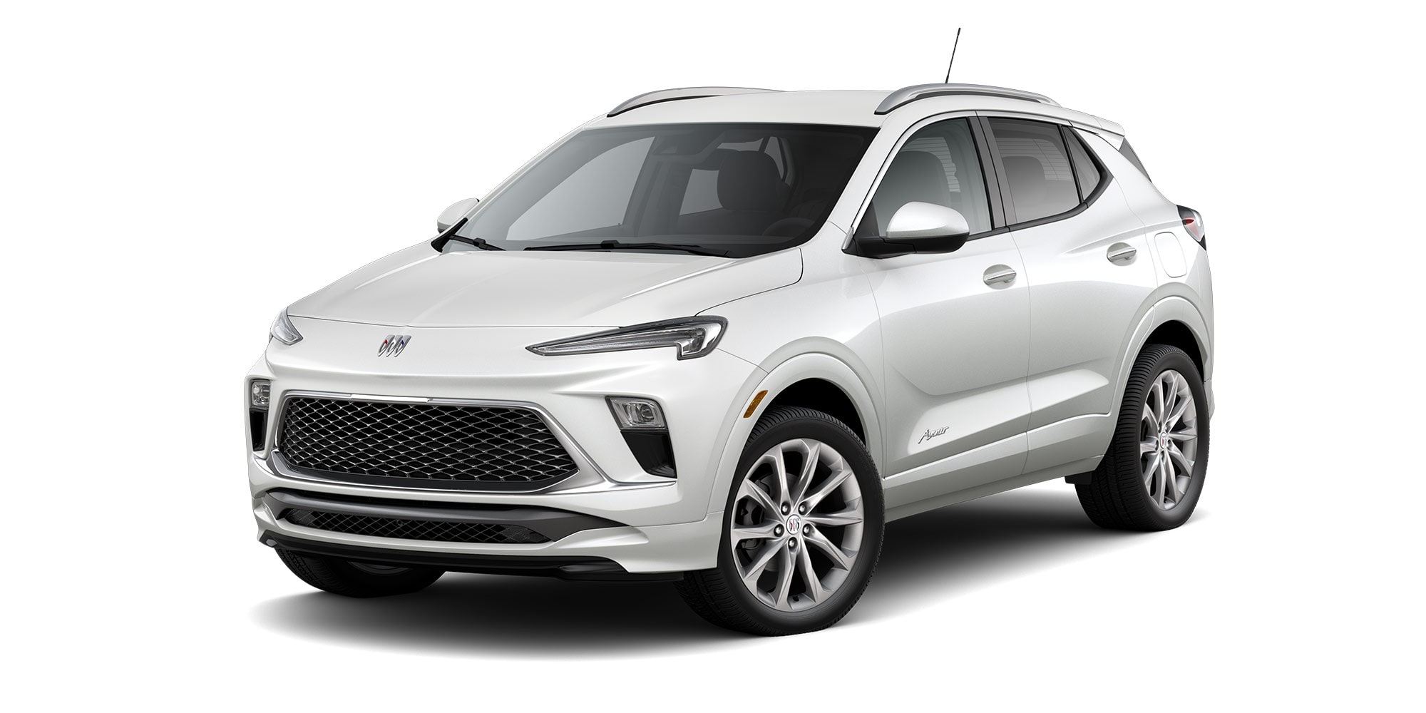 Front Three-Quarters View of the 2026 Buick Encore GX Avenir Luxury SUV in the Color Summit White