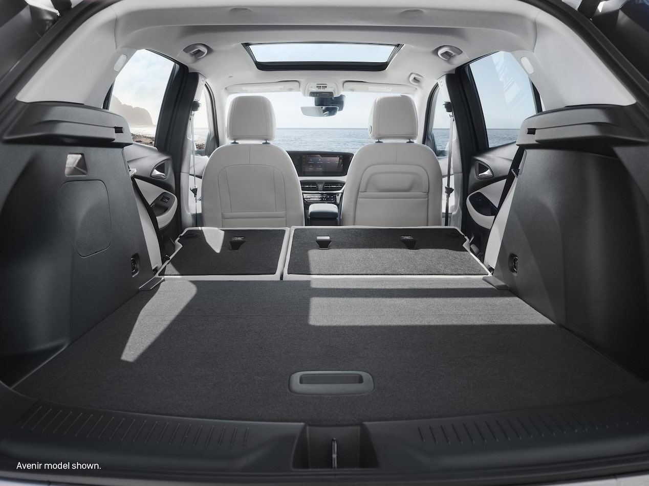 Interior View From the Rear of the Buick 2026 Encore GX Preferred Subcompact SUV with the Rear Seats Folded Down