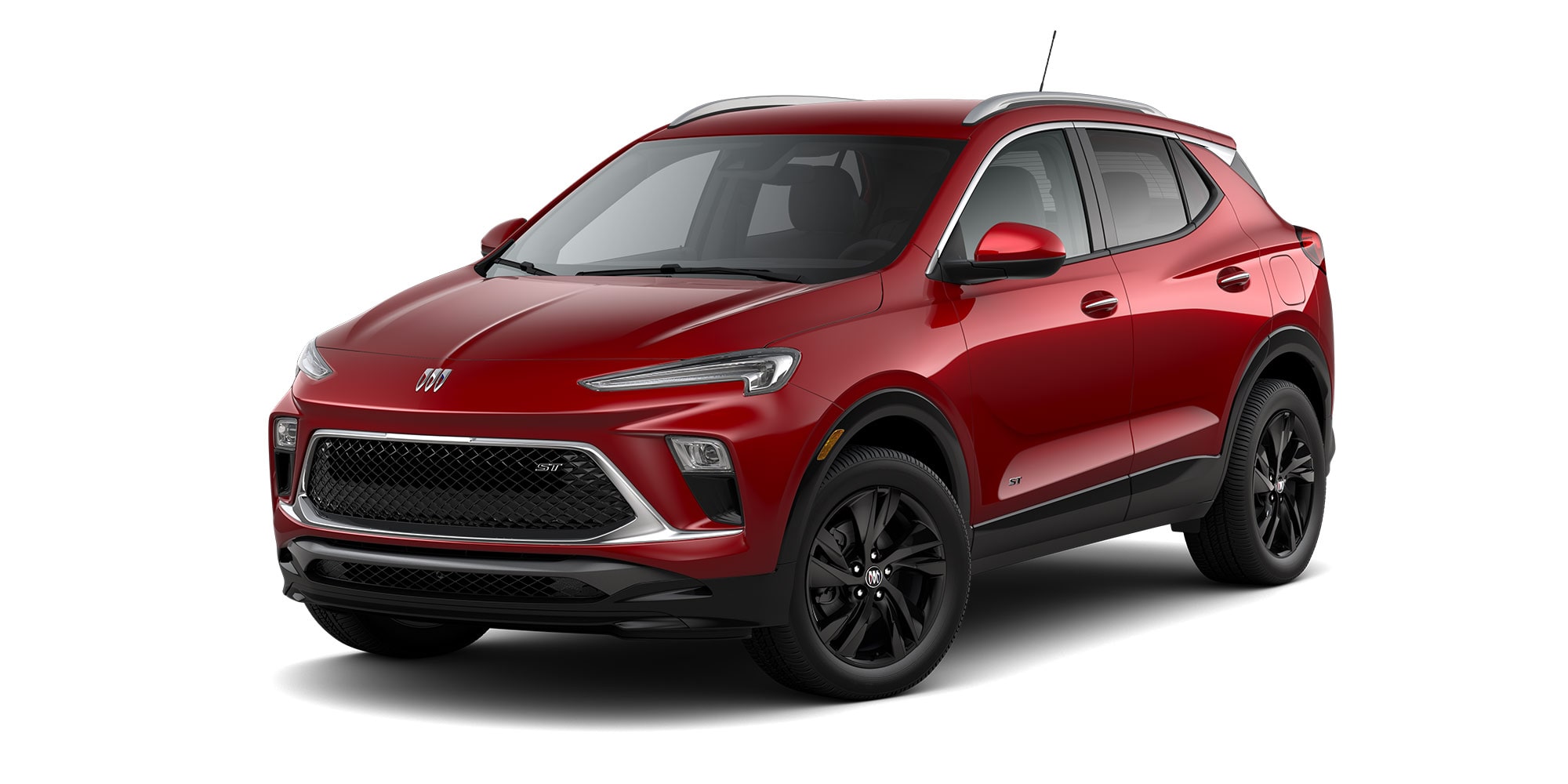 Front Three-Quarters View of the 2026 Buick Encore GX ST Sporty SUV in the Color Brilliant Red