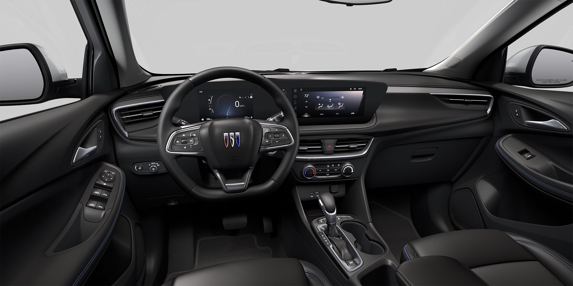 View of the 2026 Buick Encore GX ST Sporty SUV Dark Interior Dashboard, Steering Wheel, and Infotainment Screen