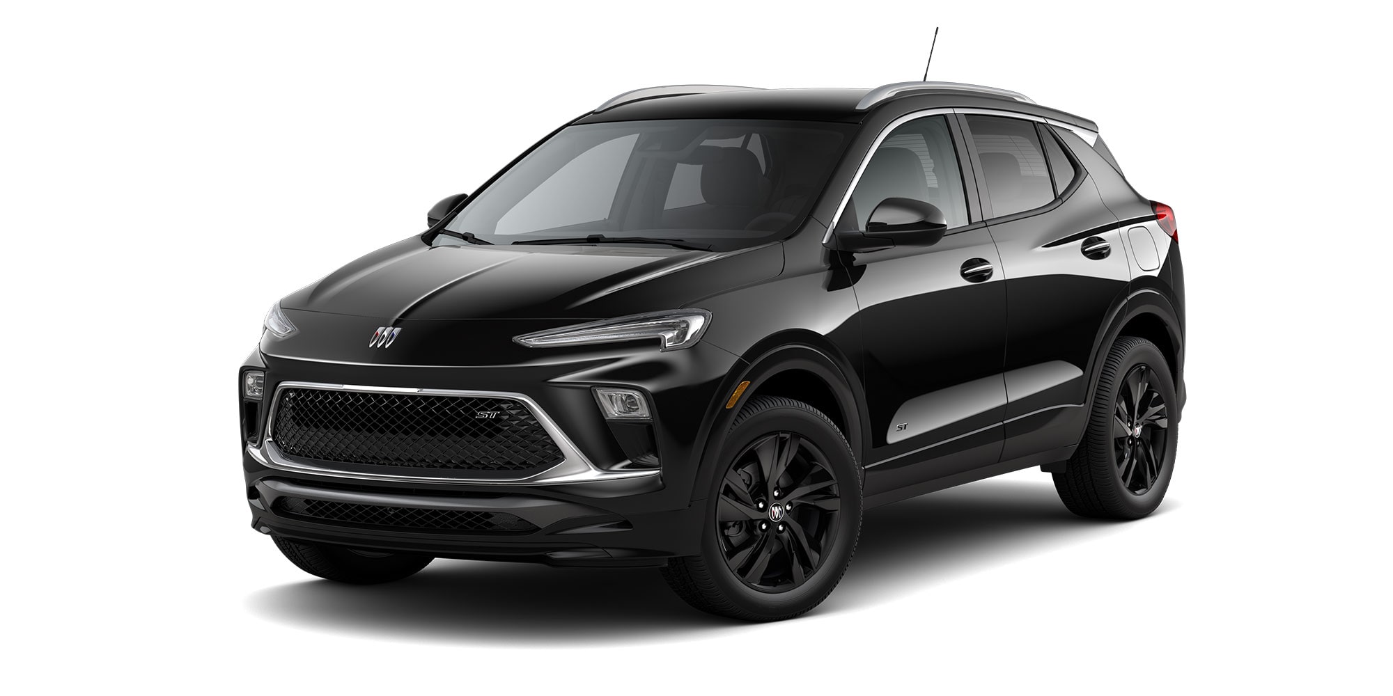 Front Three-Quarters View of the 2026 Buick Encore GX ST Sporty SUV in the Color Ebony Twilight Metallic