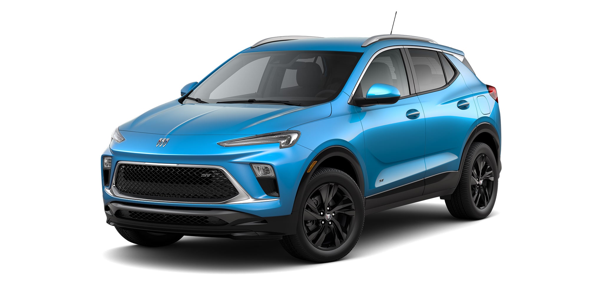 Front Three-Quarters View of the 2026 Buick Encore GX ST Sporty SUV in the Color Aquamarine Blue Metallic