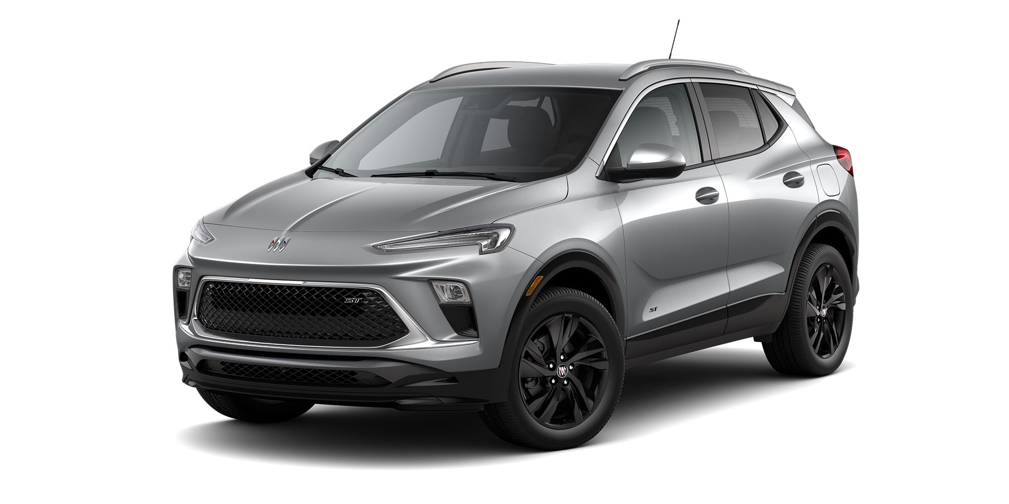 Front Three-Quarters View of the 2026 Buick Encore GX ST Sporty SUV in the Color Moonstone Gray Metallic