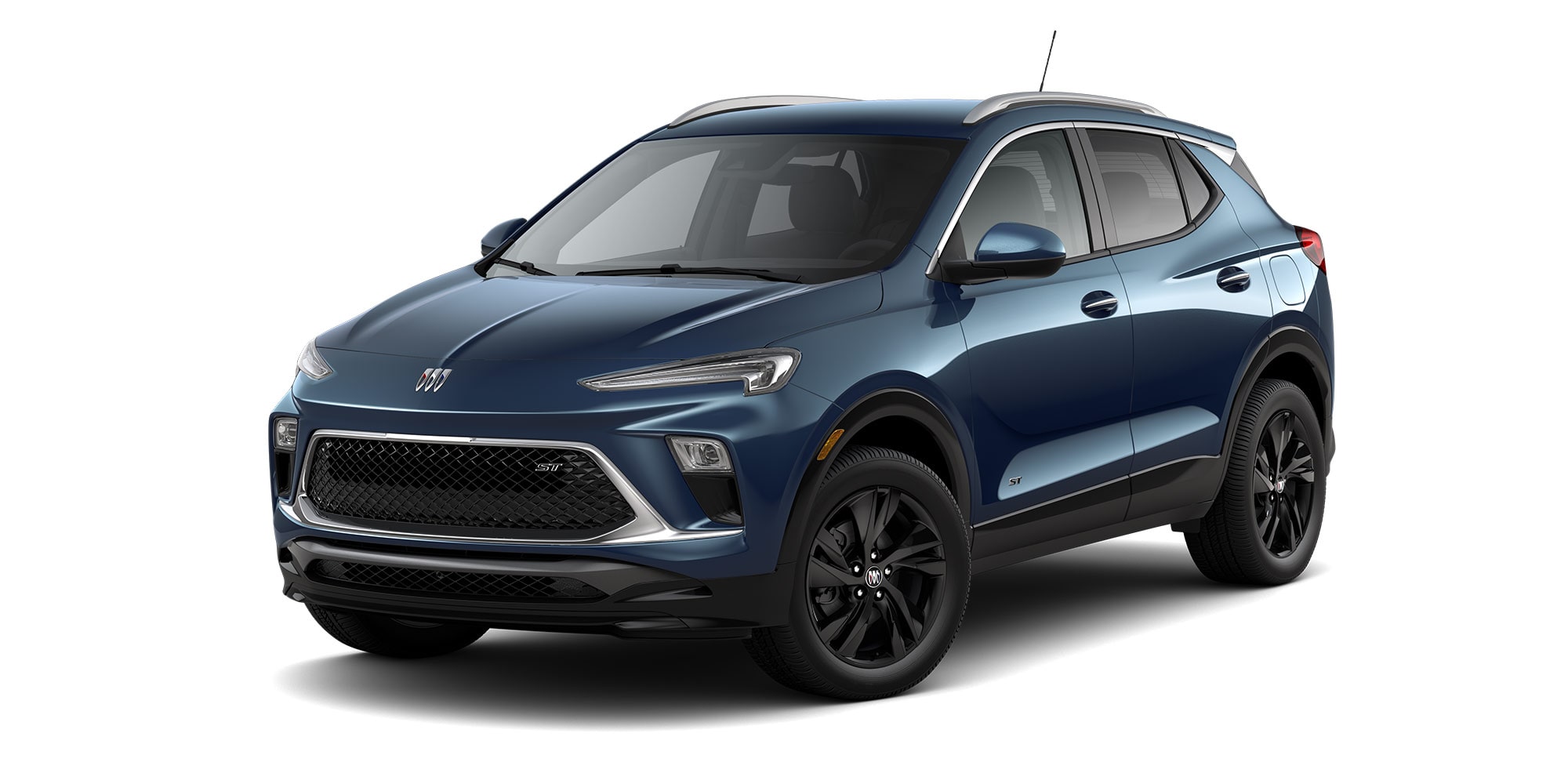Front Three-Quarters View of the 2026 Buick Encore GX ST Sporty SUV in the Color Ocean Blue Metallic