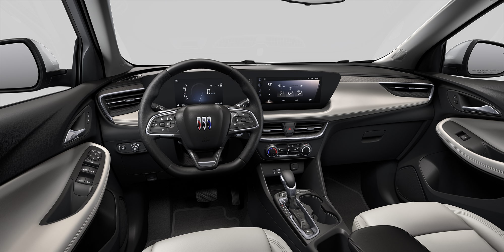 View of the 2026 Buick Encore GX ST Sporty SUV Light Interior Dashboard, Steering Wheel, and Infotainment Screen