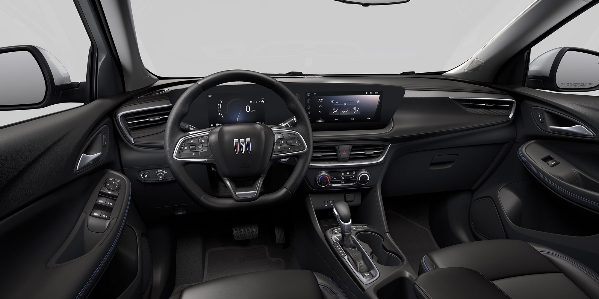 View of the 2026 Buick Encore GX ST Sporty SUV Dark Interior Dashboard, Steering Wheel, and Infotainment Screen