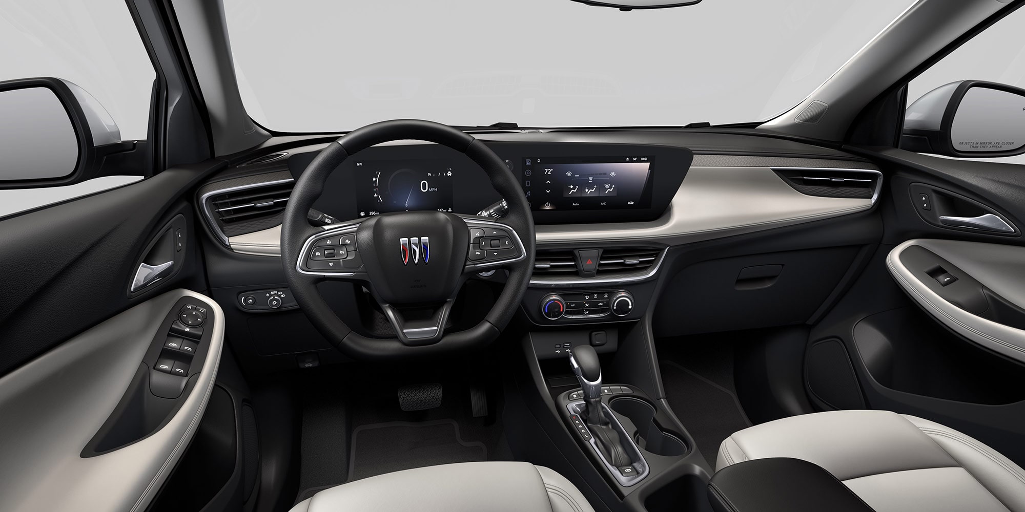 View of the 2026 Buick Encore GX ST Sporty SUV Light Interior Dashboard, Steering Wheel, and Infotainment Screen