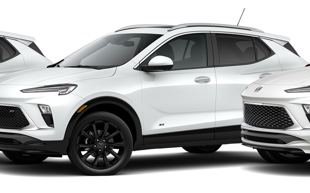 The 2026 Buick Encore GX Preferred, Avenir, and ST Trims Lined-up on a Black Background
