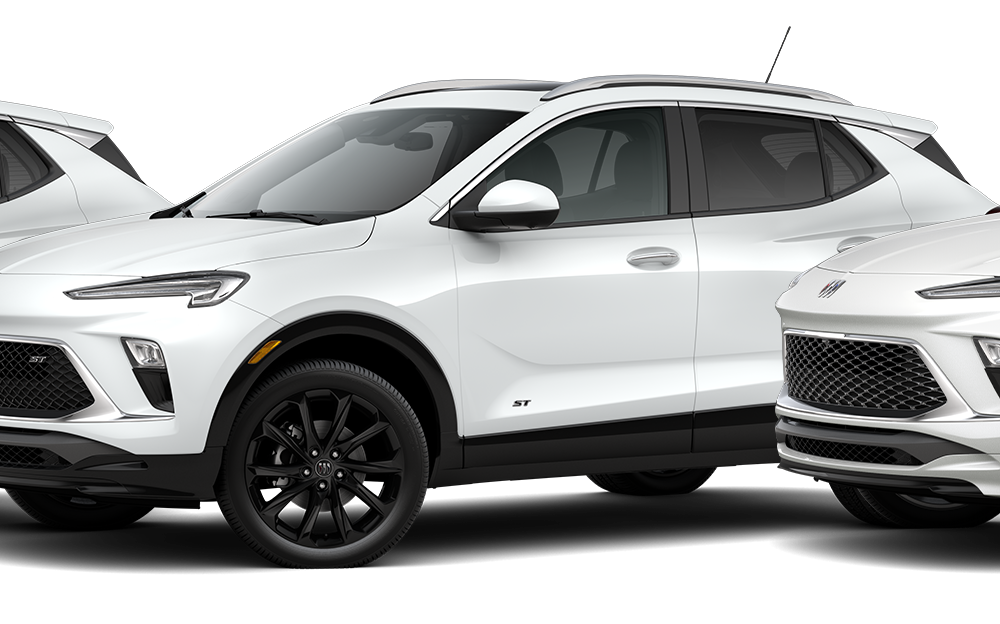 The 2026 Buick Encore GX Preferred, Avenir, and ST Trims Lined-up on a Black Background