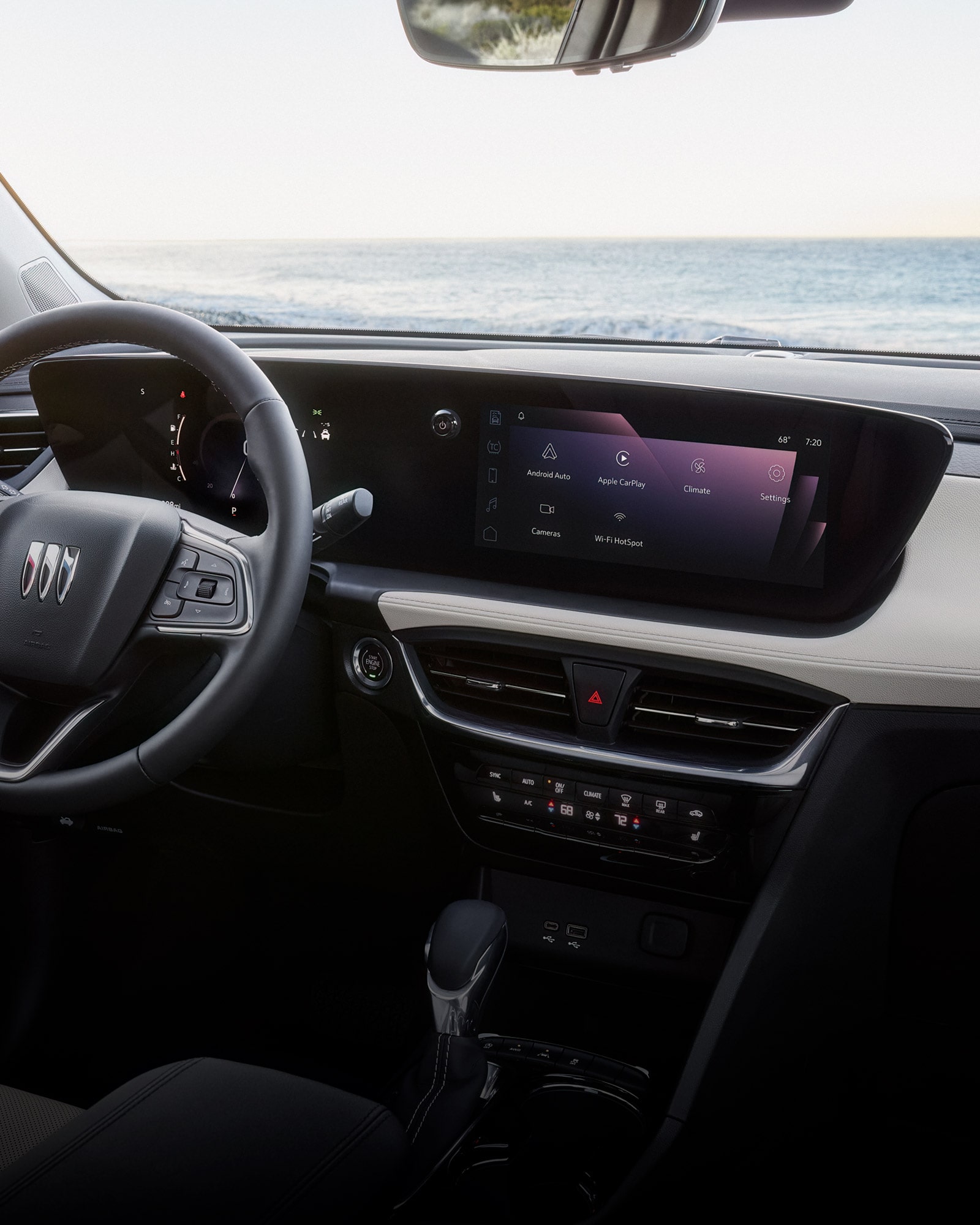 Interior View of the Buick 2026 Encore GX Small SUV's Steering Wheel and Infotainment Display