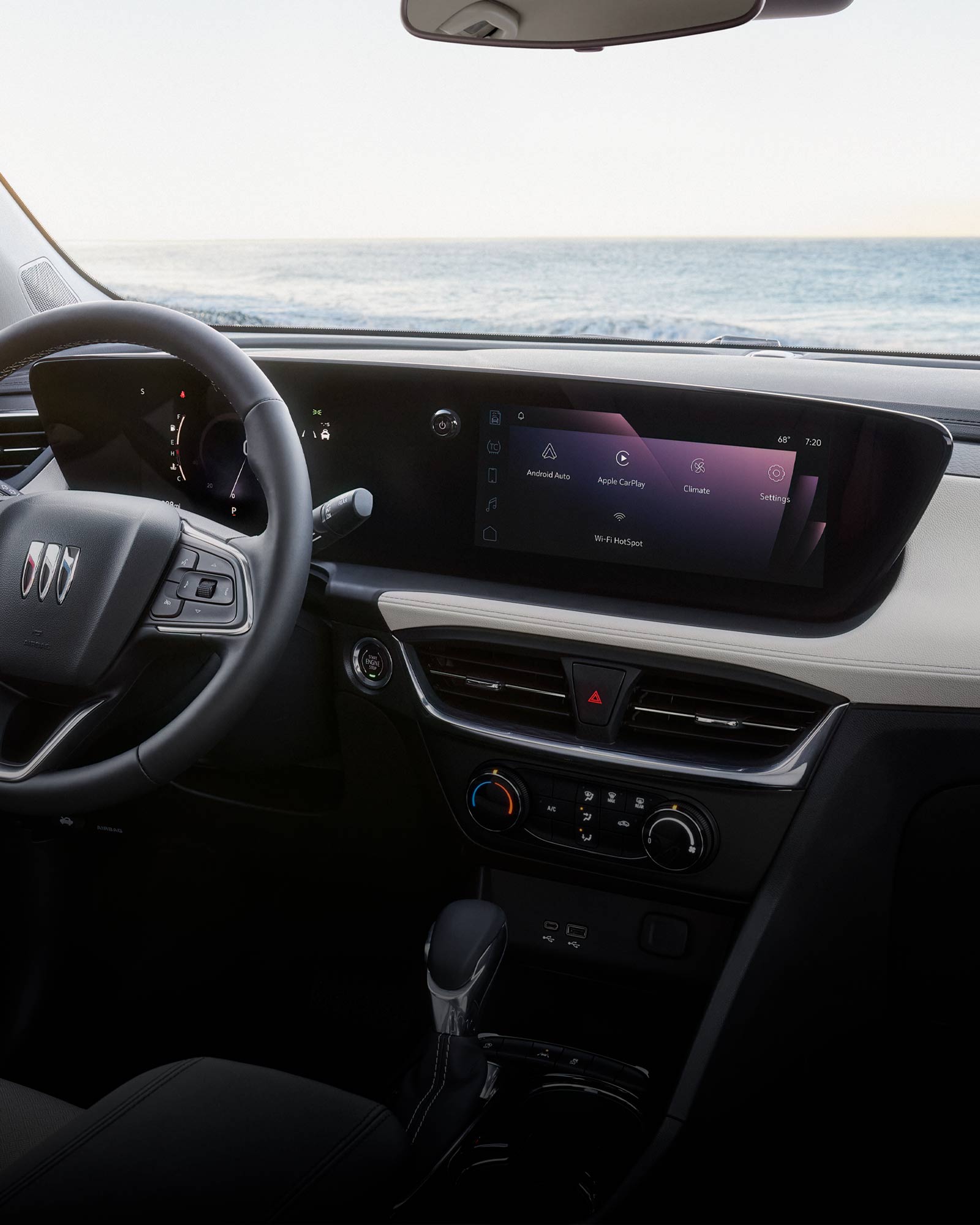 Interior View of the Buick 2026 Encore GX Small SUV's Steering Wheel and Infotainment Display