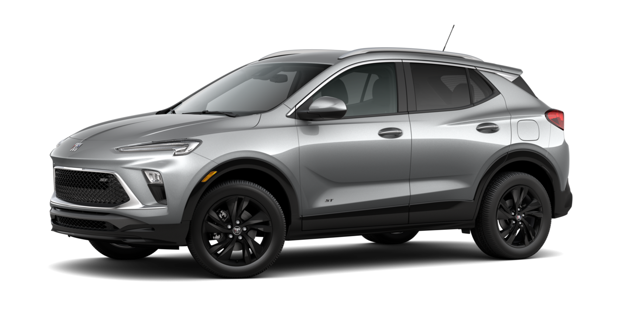 Three-Quarters View of the 2026 Buick Encore GX ST Sporty SUV in the Color Moonstone Grey Metallic