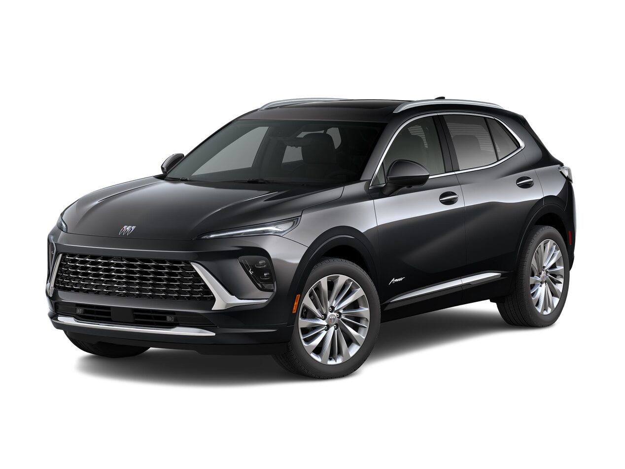 Front Three-Quarters View of the 2026 Buick Envision Avenir Compact SUV in the color  Ebony Twilight Metallic