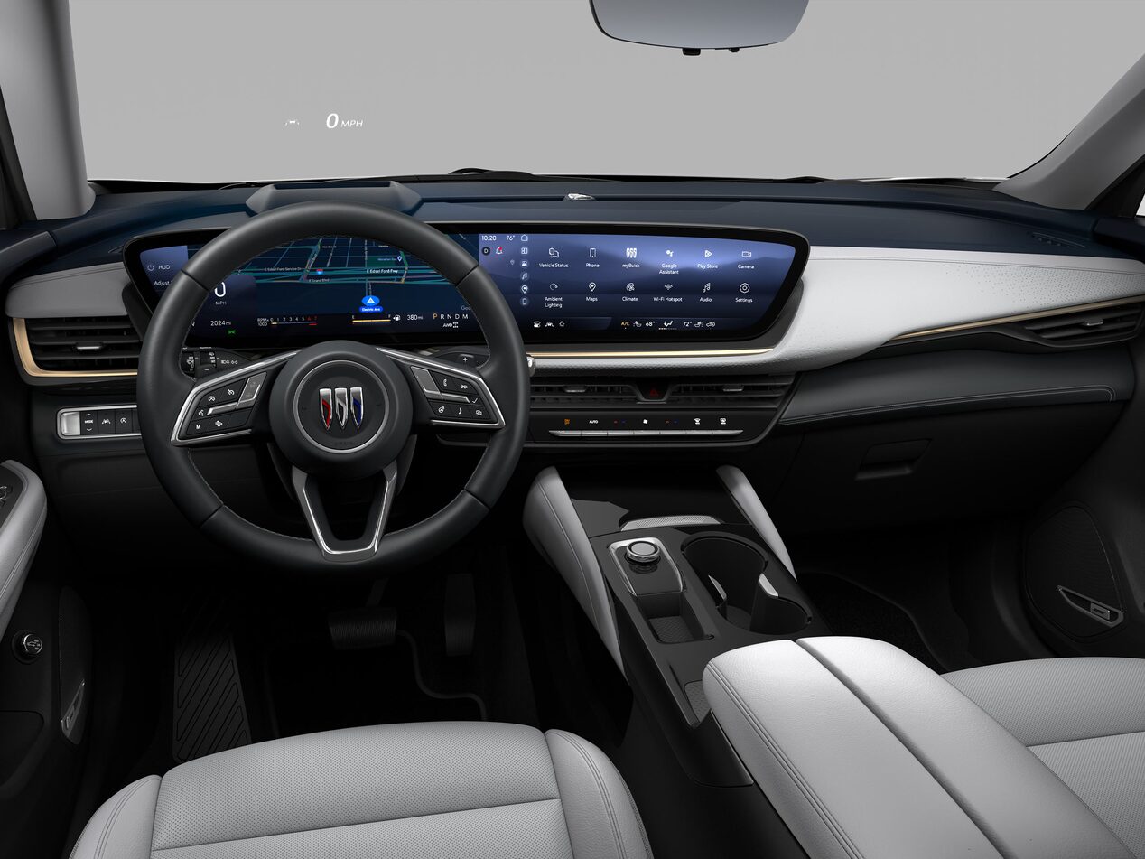 Interior View of the 2026 Buick Envision Avenir Compact SUV in  Cool Gray seats with Slate Blue interior accents