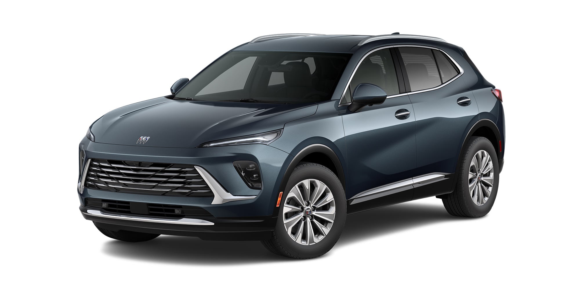 Front Three-Quarters View of the 2026 Buick Envision Preferred Compact SUV in the Color Quartz Blue Metallic