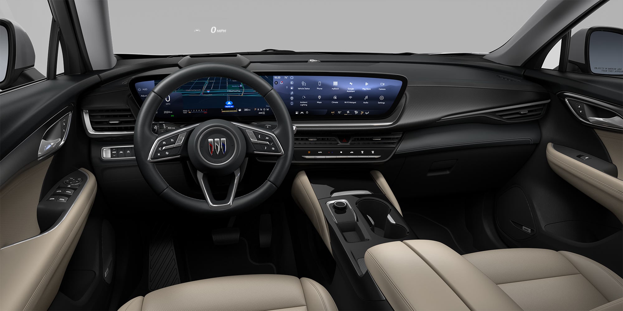Interior View of the Steering Wheel, Dashboard and Sandstone Seats in the 2026 Buick Envision Preferred SUV From the Drivers Seat
