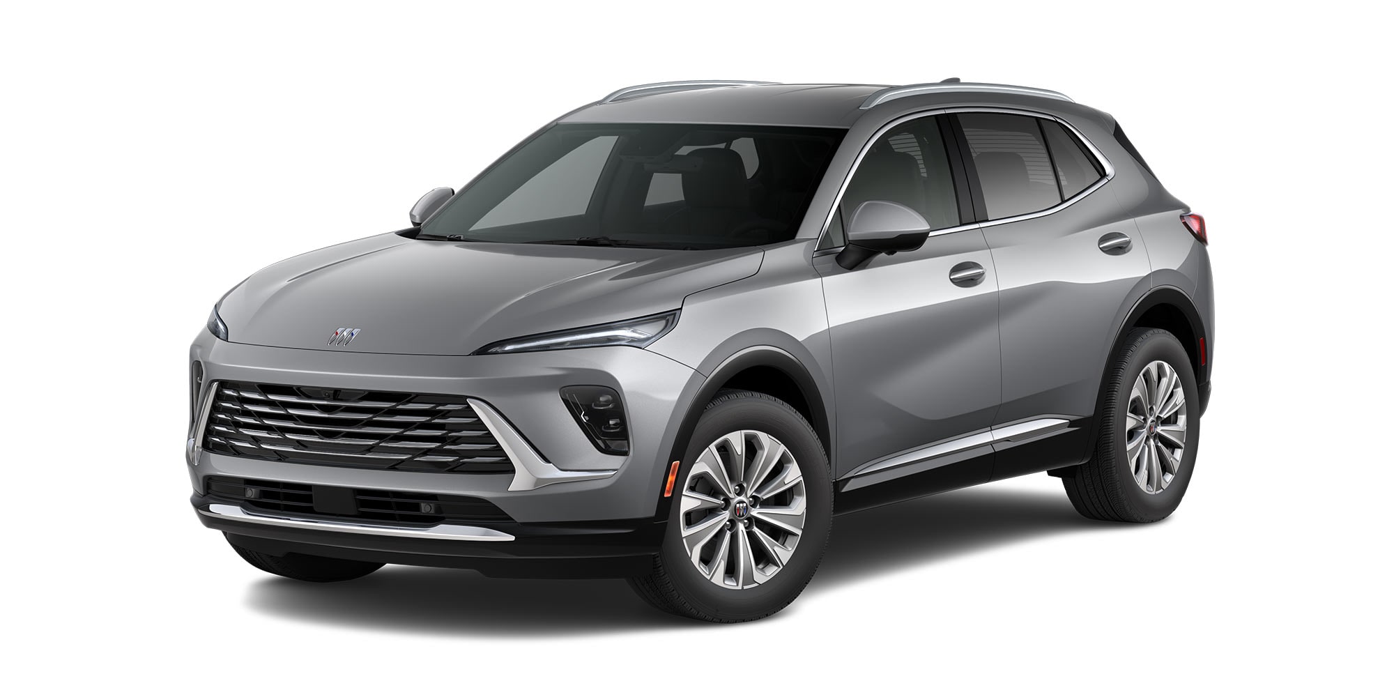 Front Three-Quarters View of the 2026 Buick Envision Preferred Compact SUV in the Color Moonstone Gray Metallic