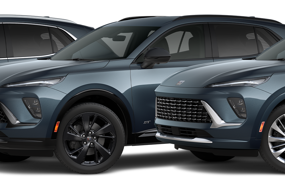 The 2026 Buick Envision Preferred, Avenir, and ST Trims Lined-up on a Black Background