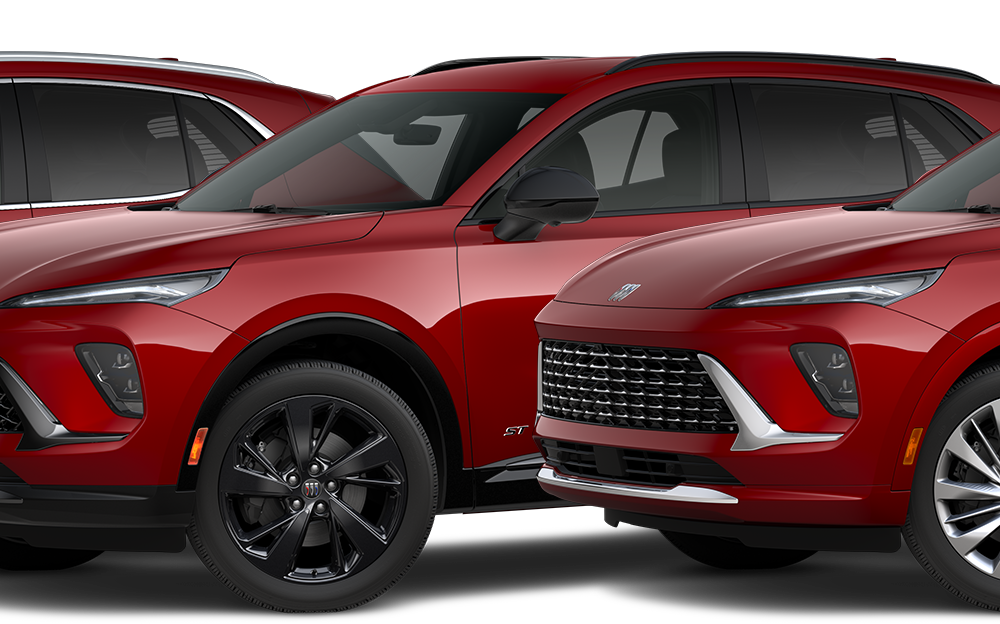 The 2026 Buick Envision Preferred, Avenir, and ST Trims Lined-up on a Black Background