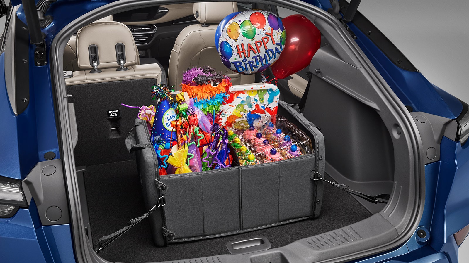 A Box of Birthday Supplies in the 2026 Buick Envista's Spacious Trunk Tied Down
