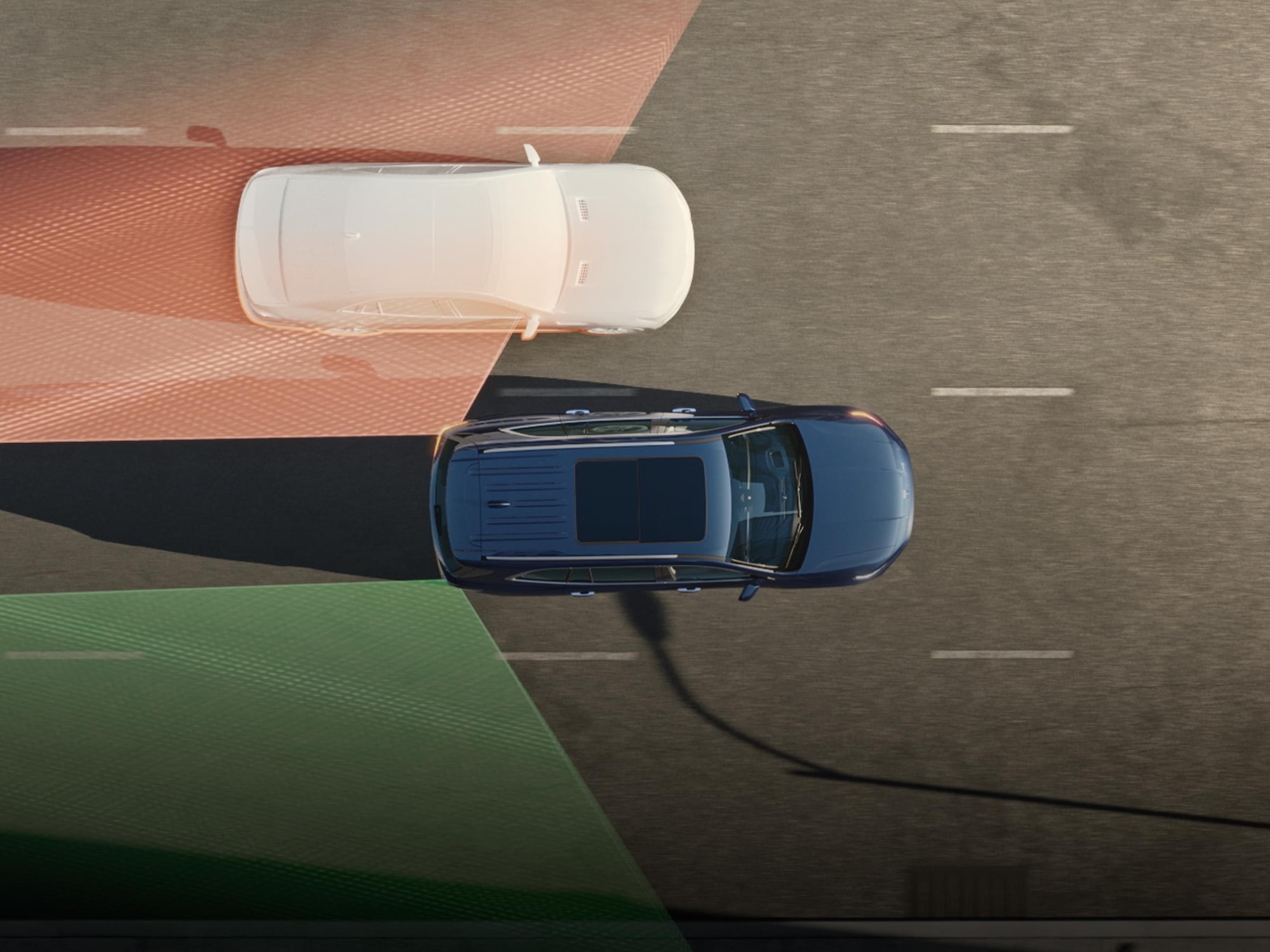 A Top Down View of a Dark Blue Buick SUV on a Road with Orange and Green Blind Spot Indicators
