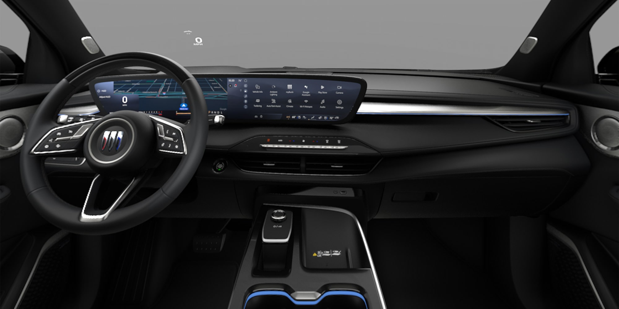 The Modern Interior Dashboard of a Buick Vehicle with a Wide Curved Digital Display and the Buick Logo on the Steering Wheel