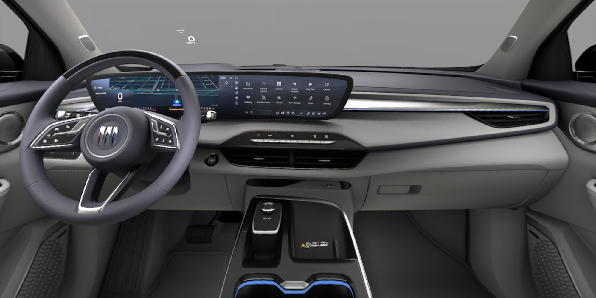 Interior View of the Front Row Seating in the Color Cool Gray with Slate Blue Accents in the 2026 Buick Enclave Anenir Luxury Mid-Size SUV