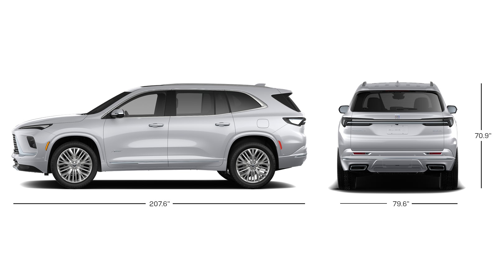 A Gray Buick Enclave SUV Displayed with a Side Profile View and a Rear View Including Measurement Dimensions
