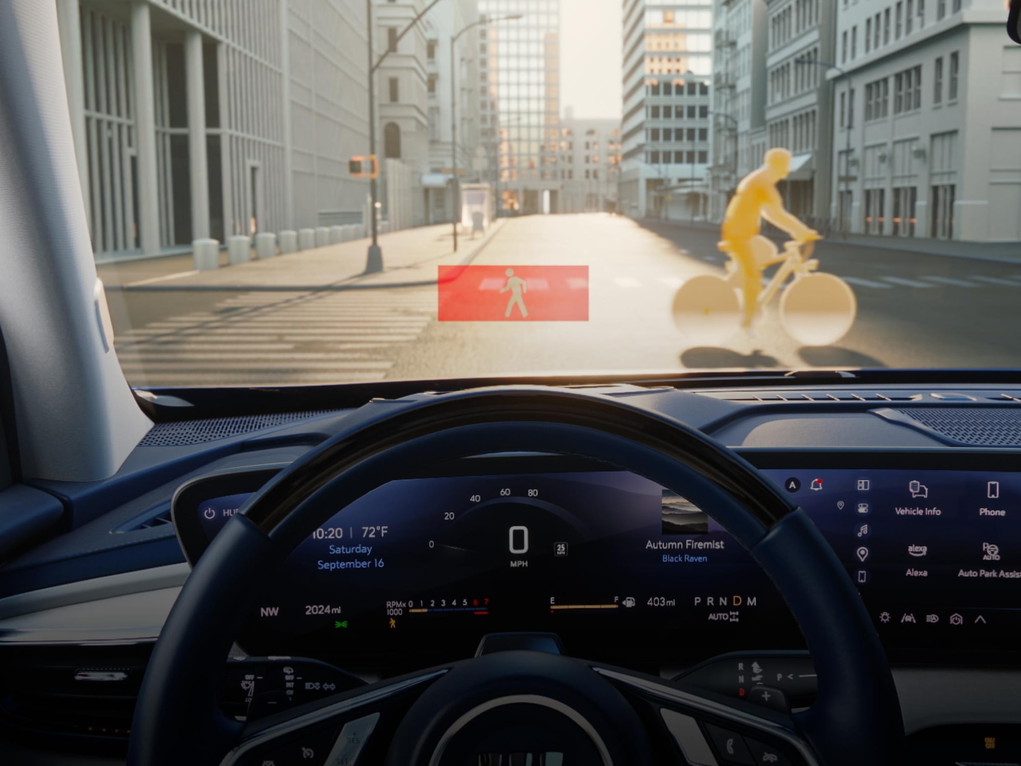 The Interior of a Buick Vehicle Showing the Dashboard and a Digital Display Projecting a Pedestrian Warning onto the Road with a Cyclist