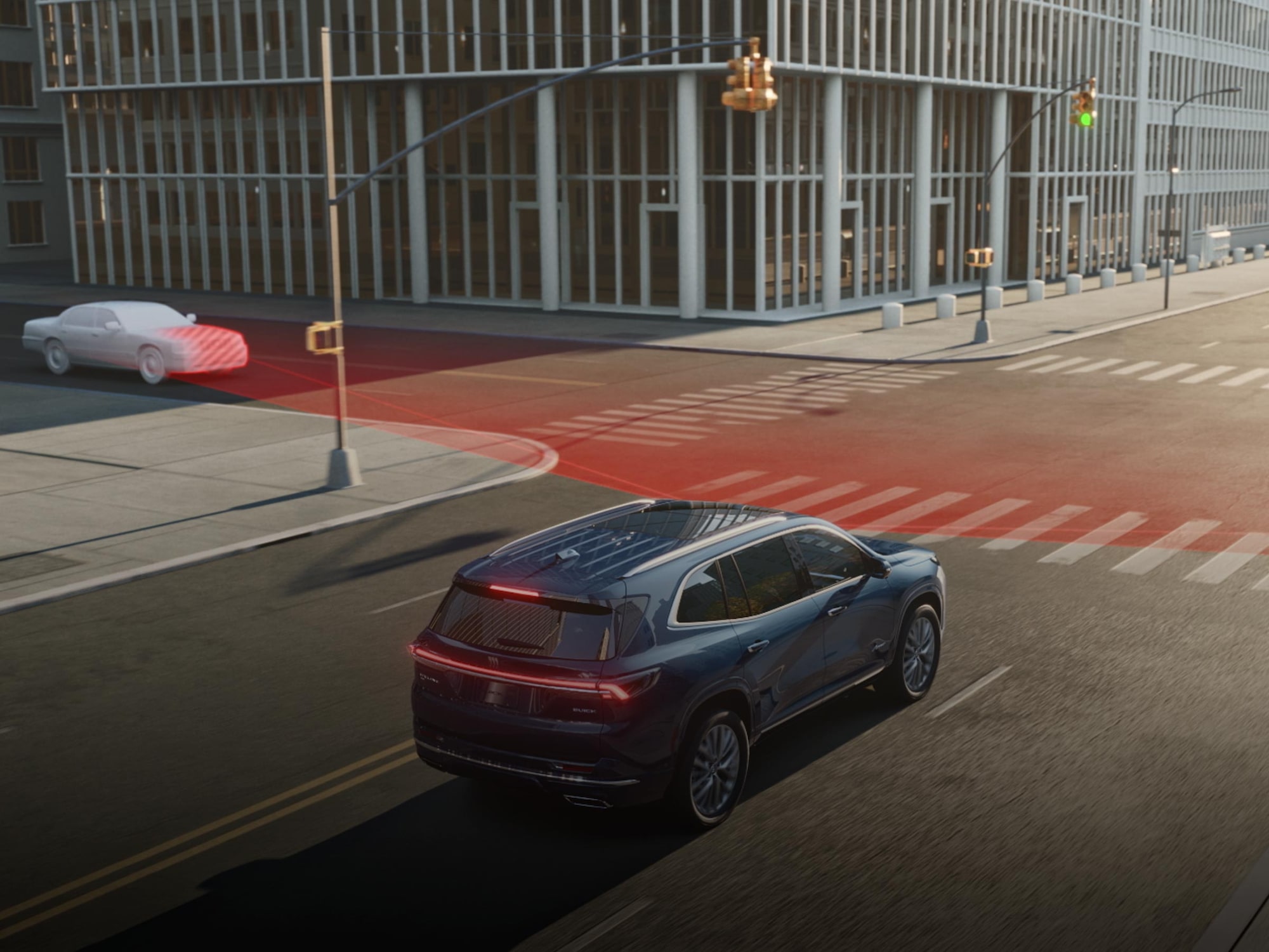 A Dark Blue SUV Turning Left at a City Intersection with Red Sensor Lines Highlighting an Approaching White Car