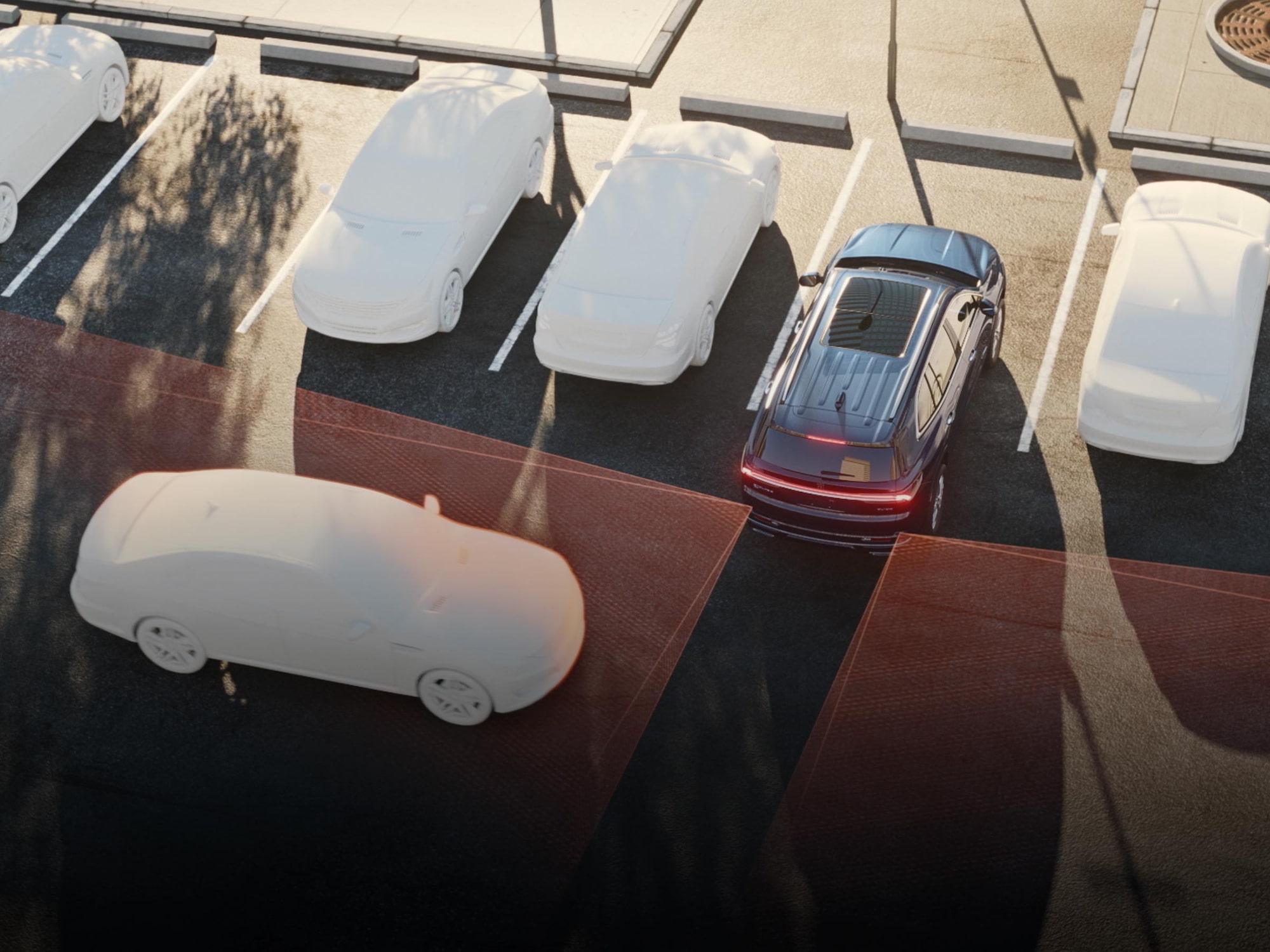 An Overhead View of a Dark Blue SUV Reversing into a Parking Spot with Red Sensor Lines