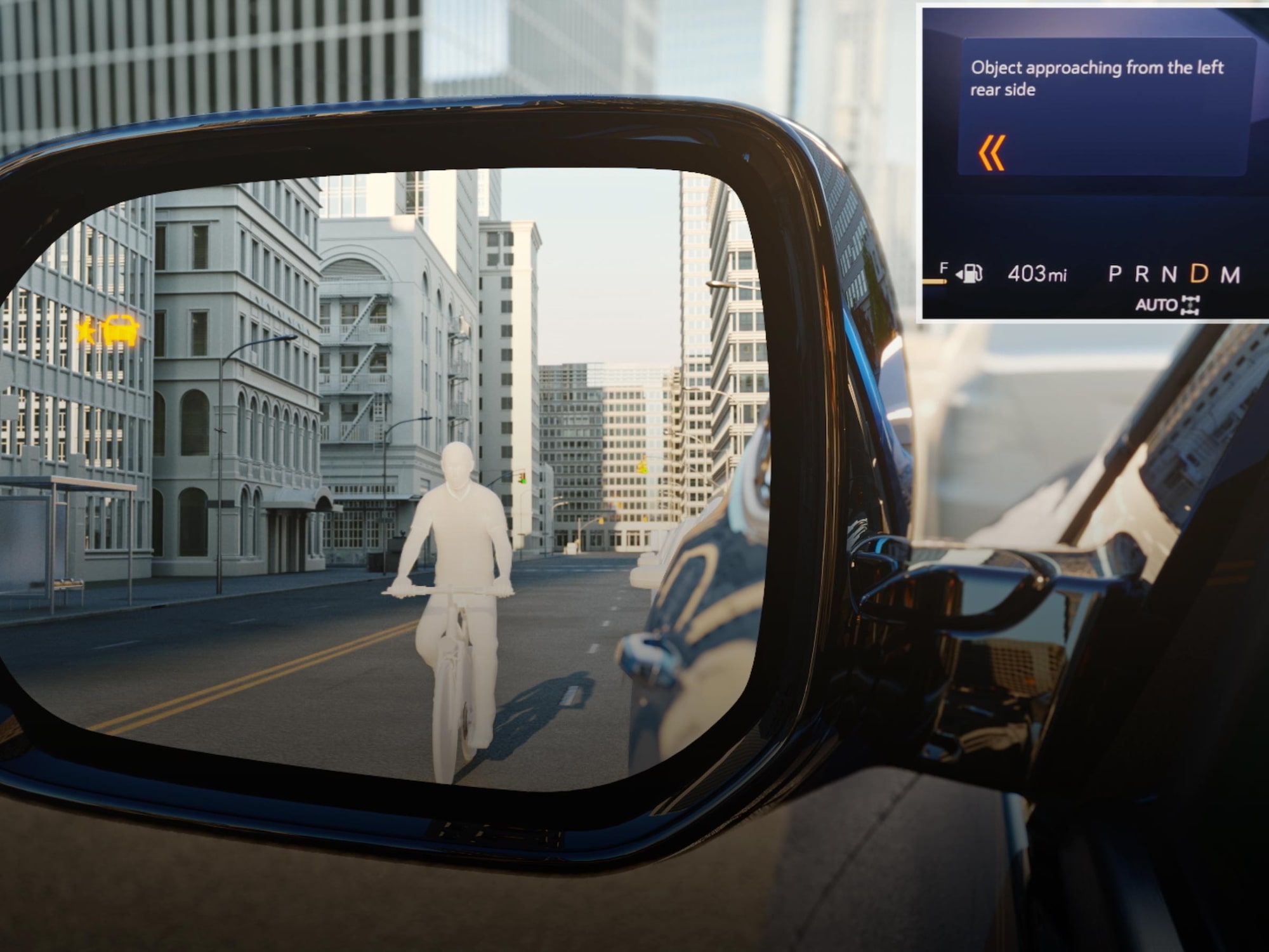 A Car's Side Mirror Reflecting a Cyclist on a City Street with a Digital Alert System Display