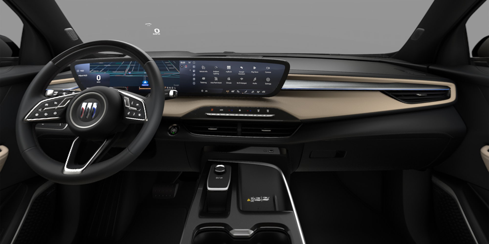 Interior View of a Buick Enclave with a Steering Wheel, Dual Digital Displays, and Light Tan Seating