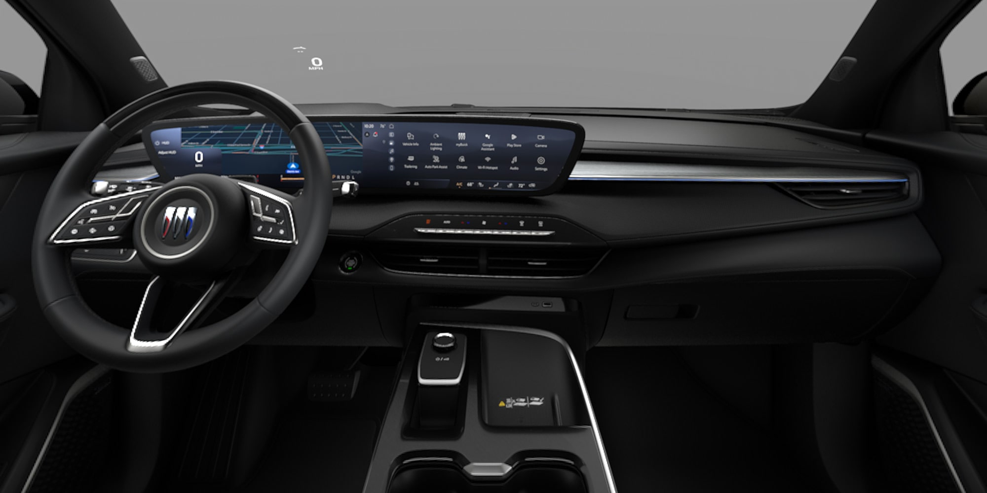 Interior View of a Buick Enclave with a Steering Wheel, Dual Digital Displays, and Dark Black Seating