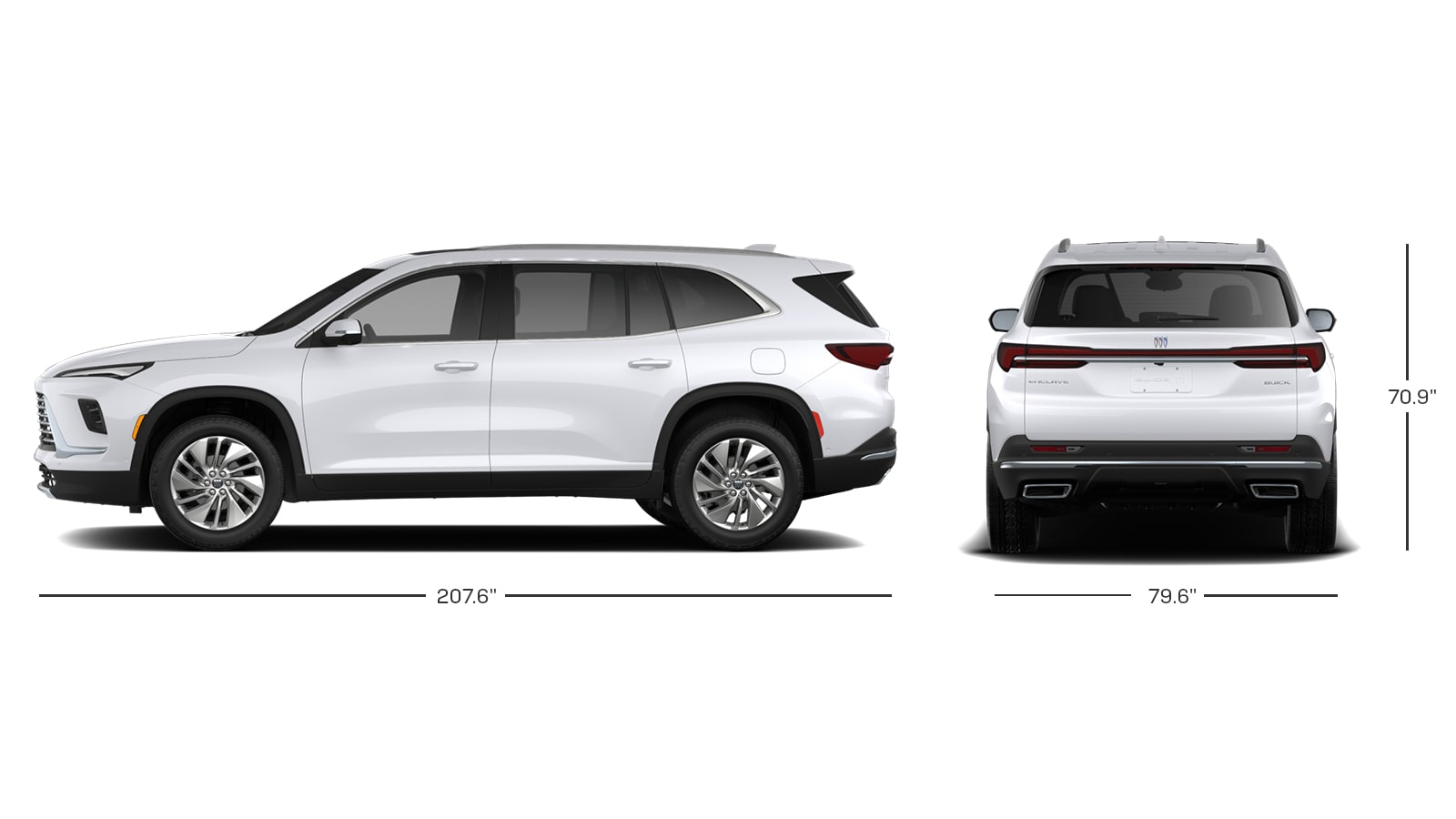 A White Buick Enclave SUV Displayed with a Side Profile View and a Rear View Including Measurement Dimensions