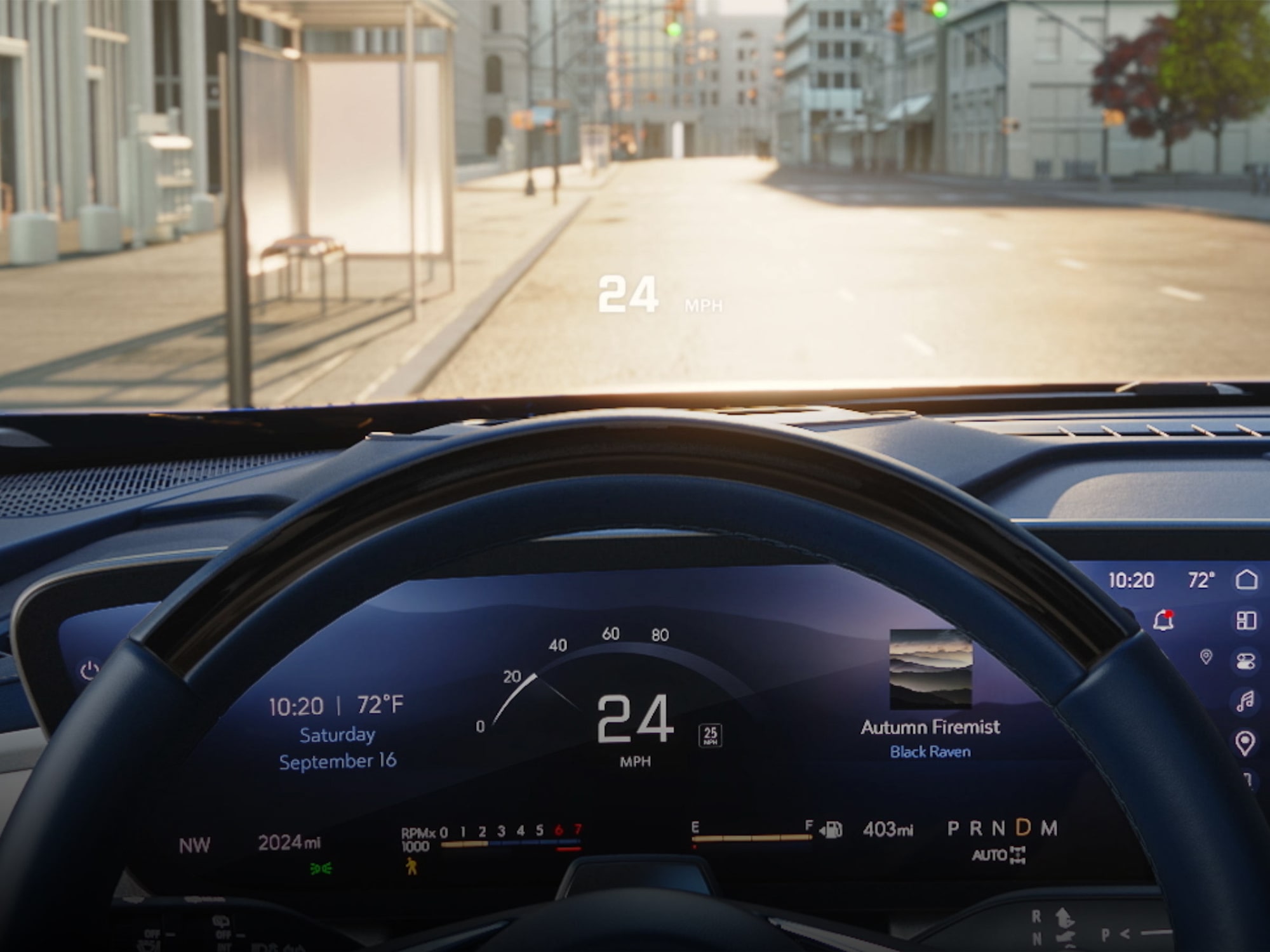 An Interior View of a Buick Car's Dashboard Showing a Digital Display and a Head Up Display of 24 MPH