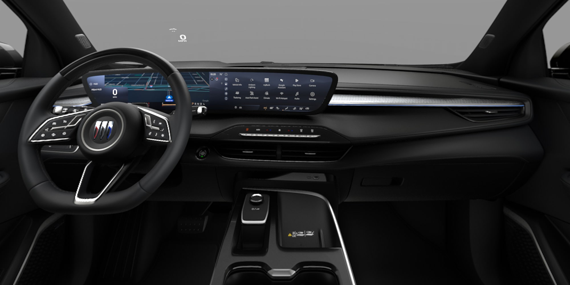 The Modern Interior Dashboard of a Buick Vehicle with a Wide Curved Digital Display and the Buick Logo on the Steering Wheel