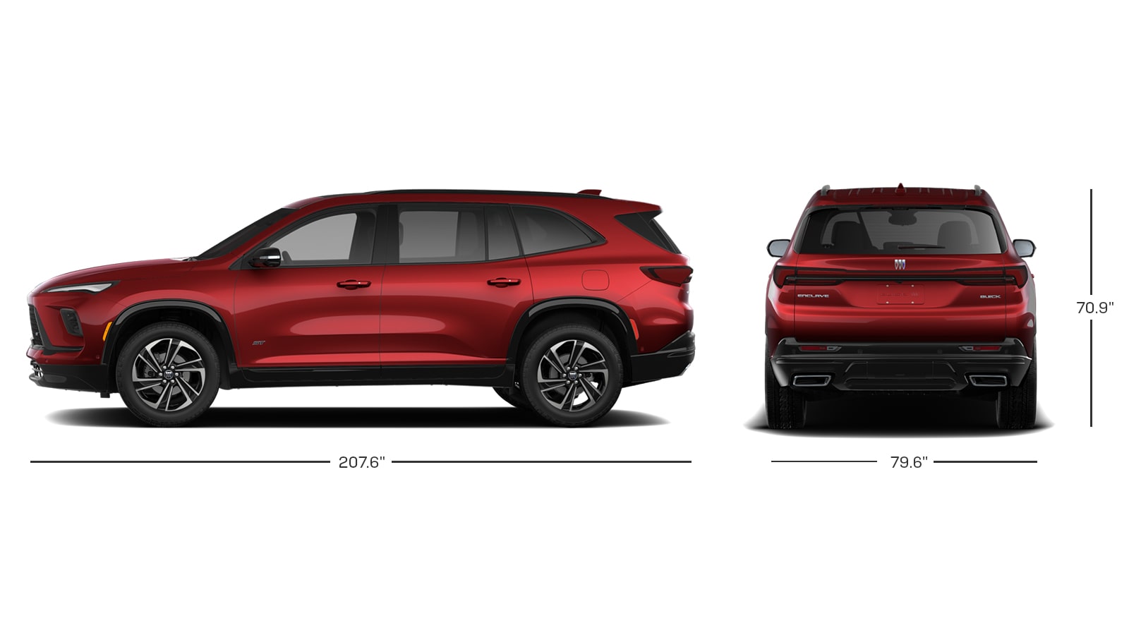 A Red Buick Enclave SUV Displayed with a Side Profile View and a Rear View Including Measurement Dimensions