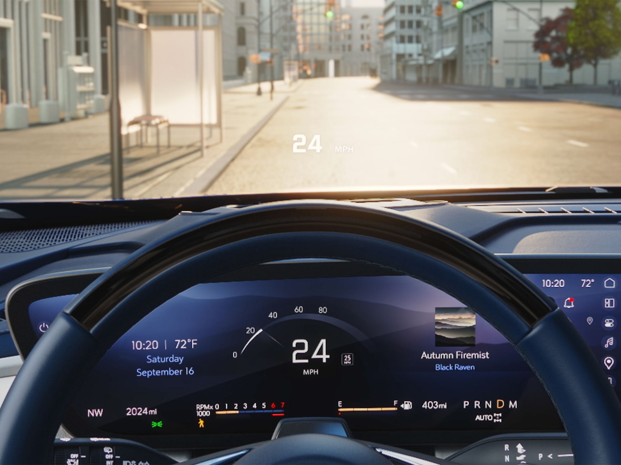 An Interior View of a Buick Car's Dashboard Showing a Digital Display and a Head Up Display of 24 MPH