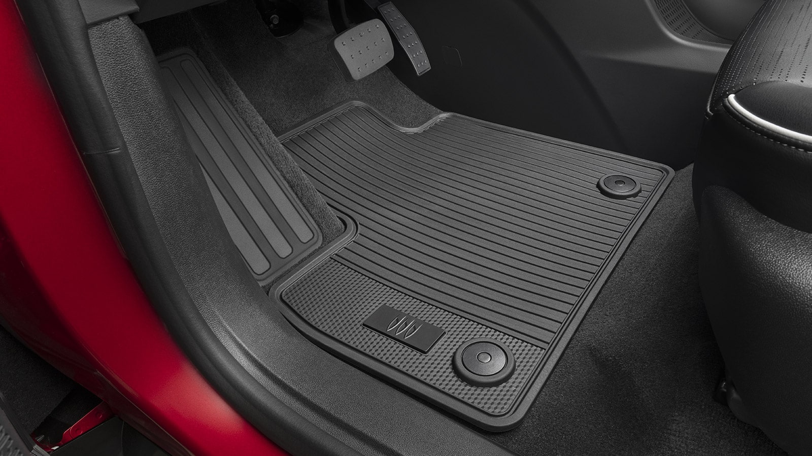 A Close-up of a Black All Weather Floor Mat with a Buick Logo Design