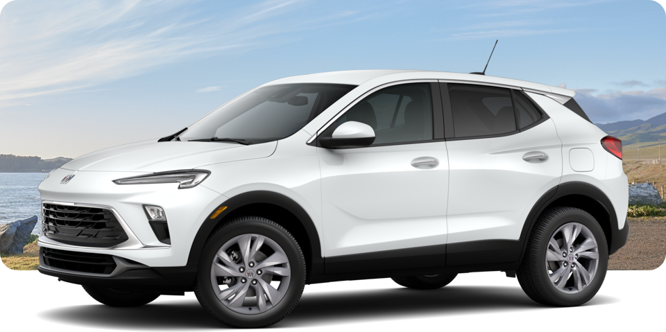 Front-Three Quarter View of a White Buick Encore GX Small SUV Parked Near a Beach
