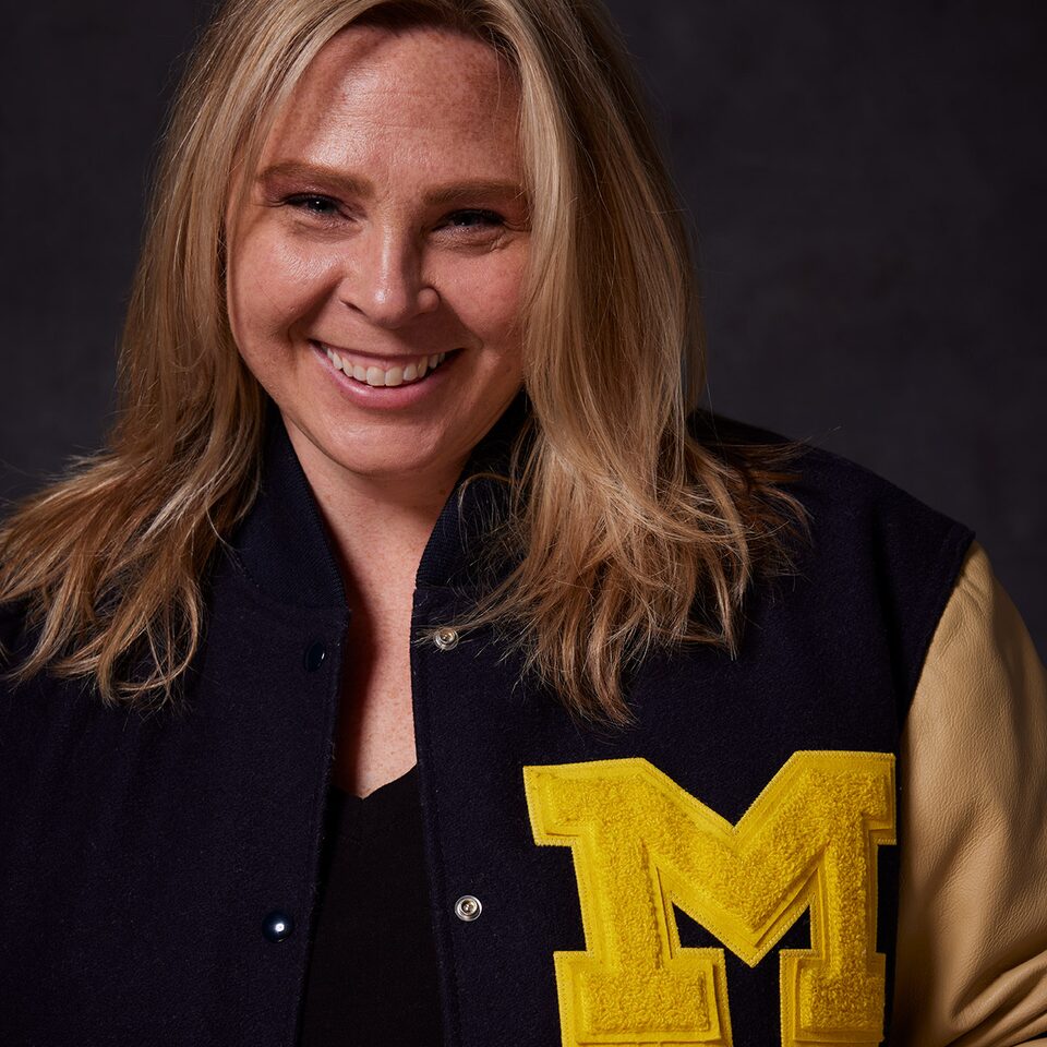 Jamie Barbour in University of Michigan Letterman Jacket